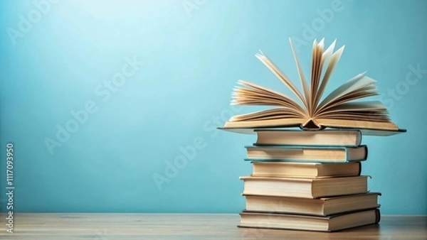 Fototapeta Side view of stack of books with open book on top against light blue background, education, learning, reading