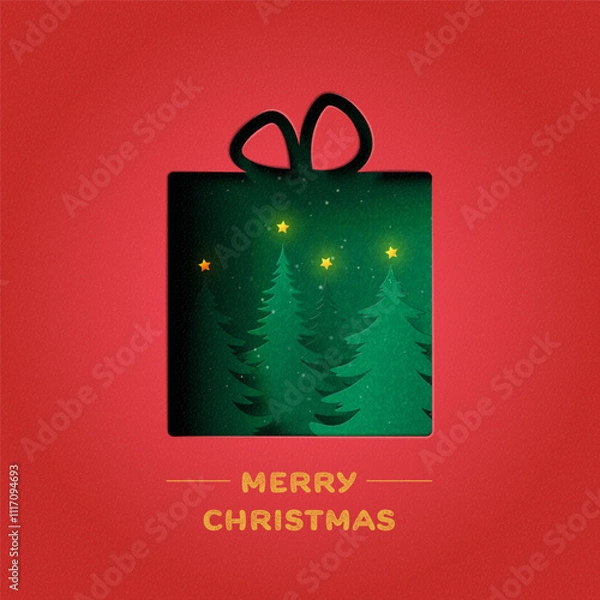 Fototapeta Holiday Christmas and winter season on red background. Gift Box decorated with Christmas Tree, Star and snowfall. Paper art vector illustration.