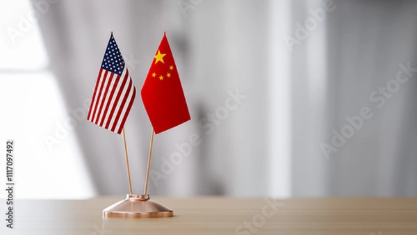 Obraz The flags of the United States and China are on the table in the conference hall.. 3d rendering