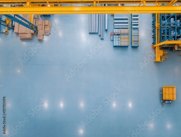 Fototapeta Aerial View of Factory Floor with Industrial Crane and Materials