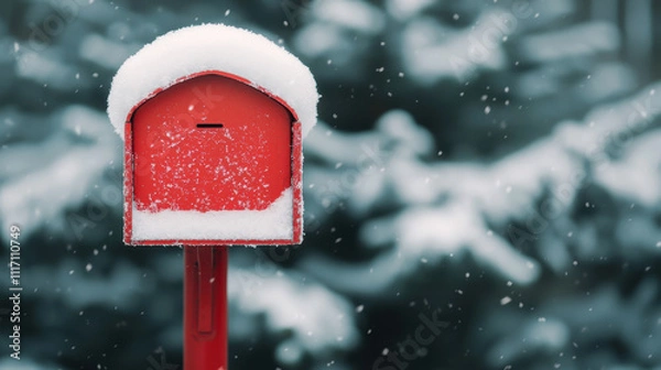 Fototapeta Christmas snow background. bright red mailbox covered in snow, creating cozy winter scene