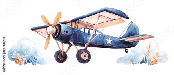 Fototapeta whimsical watercolor illustration of blue airplane flying among soft clouds and flowers, evoking sense of adventure and nostalgia