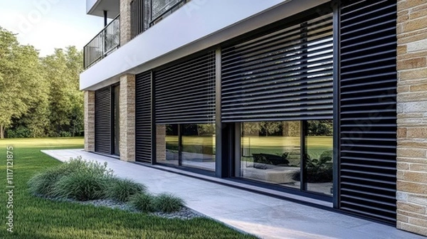 Obraz Elegant outdoor roller blinds enhance modern window aesthetics.