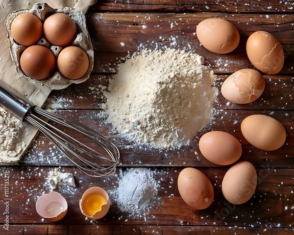 Fototapeta Flour, eggs, and a whisk on a rustic wooden table, captured from above, creating a warm baking scene.