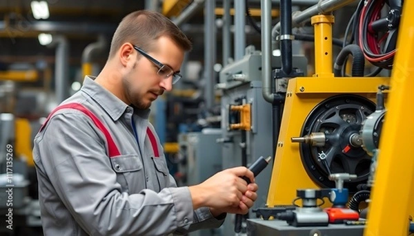 Fototapeta Engineer Focused on Operating High-Tech Manufacturing Machinery in Factory