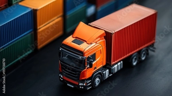 Fototapeta Detailed Close-up of a Bright Orange Truck with Container Amidst Stacked Shipping Containers in a Cargo Yard, Perfect for Transportation and Logistics Themes