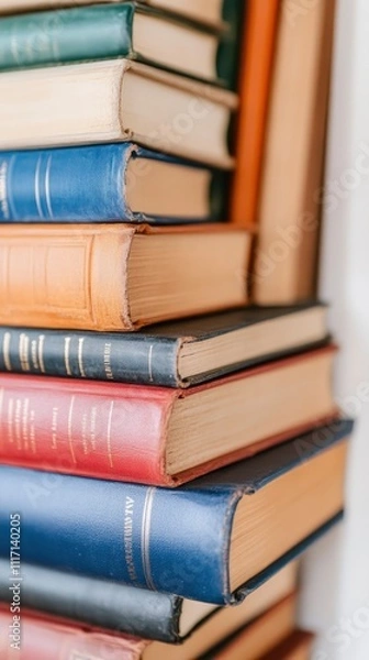Fototapeta A stack of colorful leather bound books on white color wooden background