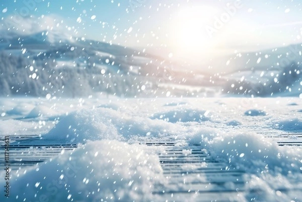 Obraz A serene winter landscape with snowflakes falling and sunlight illuminating the snowy ground.