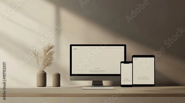 Fototapeta Responsive website landing page mockup displayed on a desktop, tablet, and smartphone with a clean, minimalist background to highlight the design


