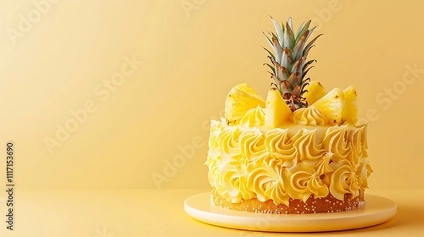 Fototapeta Golden pineapple cake on light yellow background