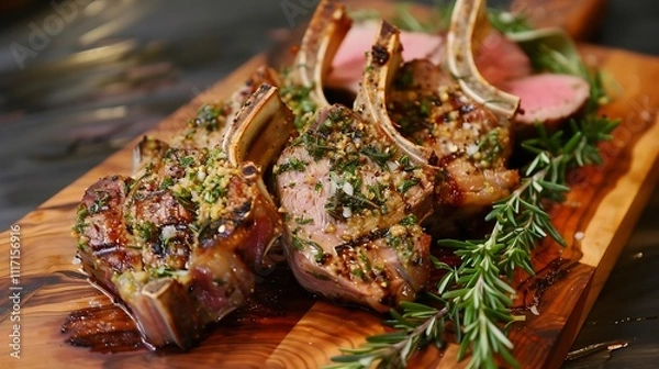 Fototapeta Herb crusted lamb chops on a wooden board