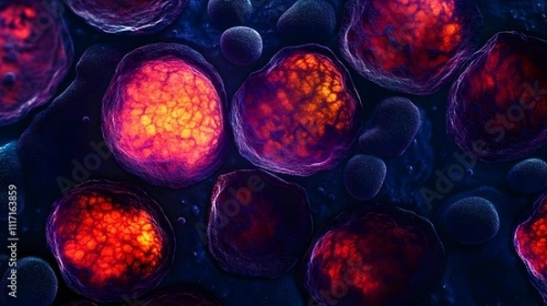 Obraz Magnified blood cells glowing under a microscope, revealing intricate textures illuminated in vibrant, radiant colors.