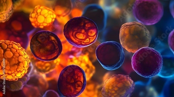 Obraz Close-up of blood cells glowing under a microscope, their surfaces revealing intricate details in radiant colors.