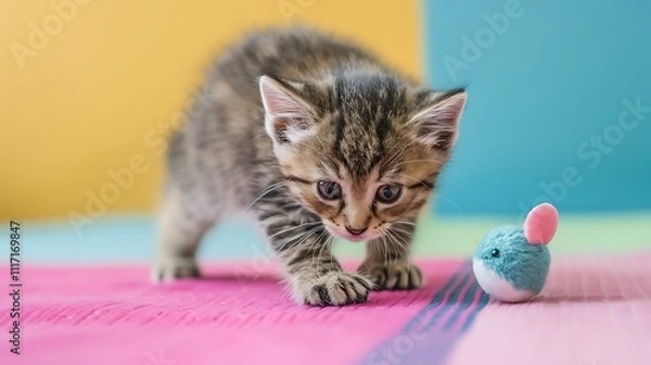Fototapeta Kitten pouncing on a squeaky mouse toy on colorful background