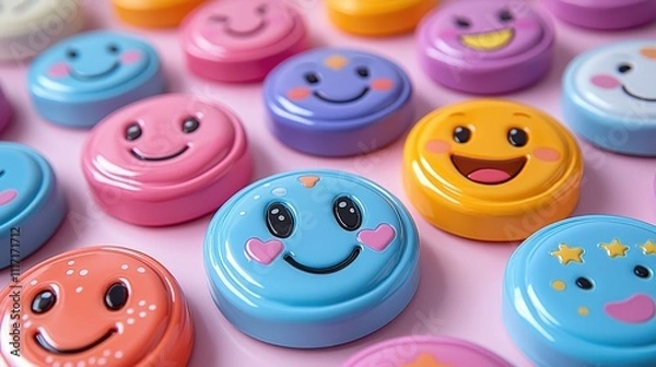 Fototapeta Vibrant collection of cheerful school locker magnets showcasing diverse smiley faces and playful designs for personalized decoration