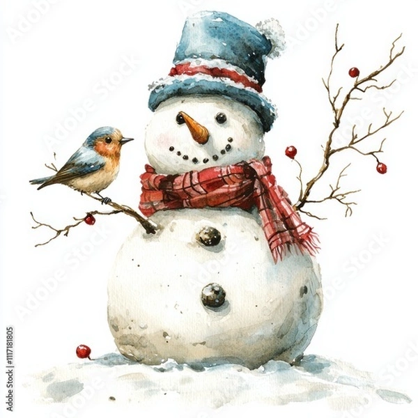 Fototapeta Watercolor painting of a snowman with a bird perched on its hat, on isolated white background