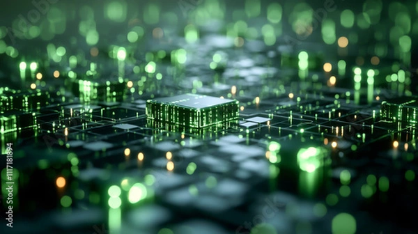 Fototapeta Futuristic green circuit board with glowing lights and intricate patterns.