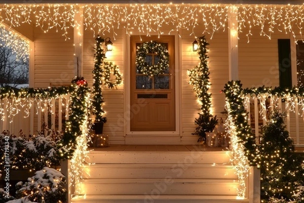 Fototapeta A front porch adorned with icicle lights hanging from the roof. The steps are lined with illuminated garlands, Generative AI
