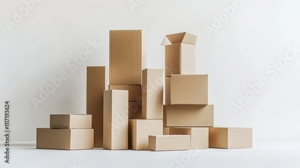 Fototapeta Stacked Brown Cardboard Boxes in Different Sizes on White Background