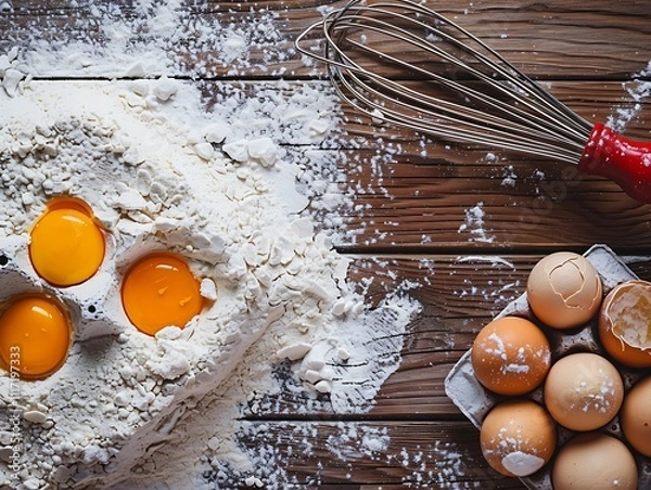 Fototapeta Overhead view of baking ingredients on a wooden surface, eggs and flour with a whisk, space for recipe text.