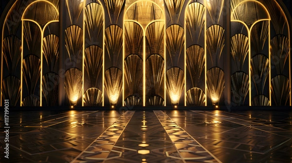 Fototapeta A large, ornate gold wall with a black floor. The wall is decorated with gold leaf and the floor is made of wood. The room is empty and the lighting is bright