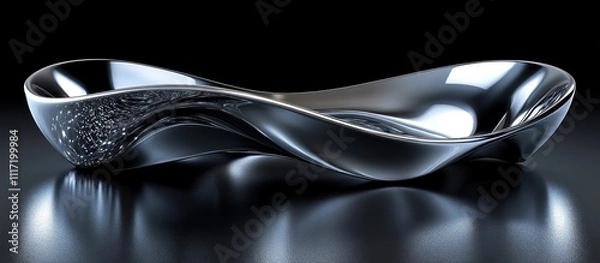 Fototapeta Sleek, metallic bowl with wavy design, reflecting light on a dark surface.