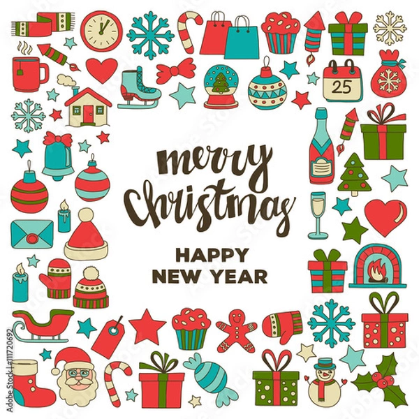 Fototapeta Doodle vector icons Merry christmas and happy new year