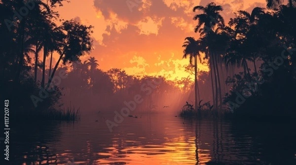 Fototapeta Tropical sunset over calm river, silhouetted palm trees, hazy atmosphere.