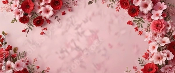 Fototapeta Soft pink and red floral background with heart-shaped decorations, pink, background, romantic