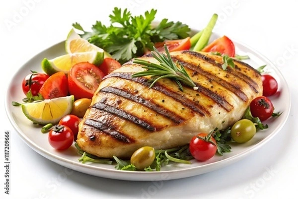 Fototapeta A plate of grilled chicken with vegetables including tomatoes, cucumbers