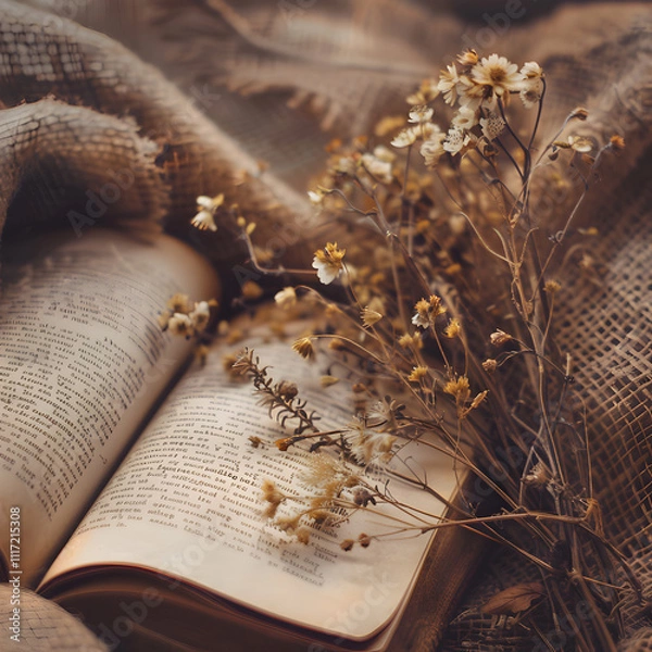 Fototapeta A book is open to a page with flowers on it. The flowers are wilted and brown, and they are scattered across the page. The book is on a blanket, and the blanket is also brown