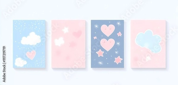 Fototapeta Set of four pastel pink and blue Valentine's Day postcards with heart, star, and cloud patterns. Vector illustration in a cute