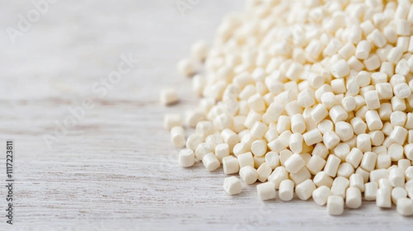 Fototapeta White plastic pellets scattered on a wooden surface, used in manufacturing processes.