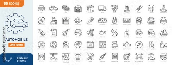 Fototapeta Automobile line editable icon set. Containing icons related to car, vehicle, auto, car part and more.  Editable stroke. Vector illustration	