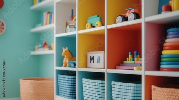 Fototapeta Toy room with alphabetthemed decor, educational toys stored on open shelves, and bright primary colors, promoting learning