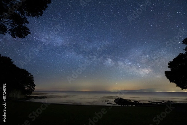 Fototapeta 森の先にある浜辺から見る天の川と能登半島の星空