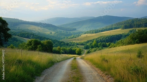 Obraz Country road passing through rolling hills and dense green forests