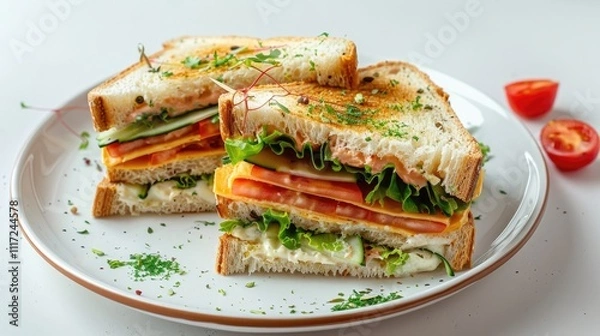 Obraz Delicious club sandwich on a white plate on a white table against a white background