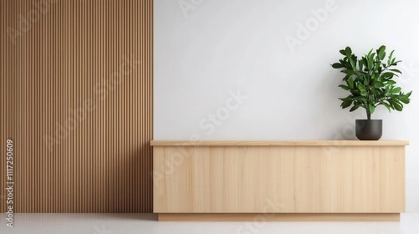 Fototapeta Scandinavianstyle hotel reception with light wood furniture, simple lines, and a neutral color palette, Scandinavian reception, bright, airy design