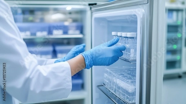 Fototapeta A laboratory technician places vials into a refrigerator, wearing gloves and a lab coat, ensuring proper handling of sensitive materials.