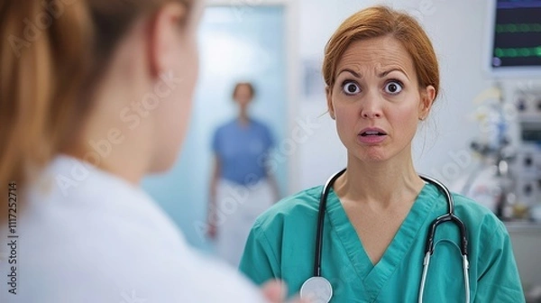 Fototapeta A nurse looks surprised while speaking to a colleague in a medical setting, conveying a sense of urgency and concern.