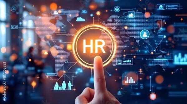 Fototapeta Futuristic HR Technology: Global Network of Human Resources Management, Data-Driven Solutions, and Digital Transformation