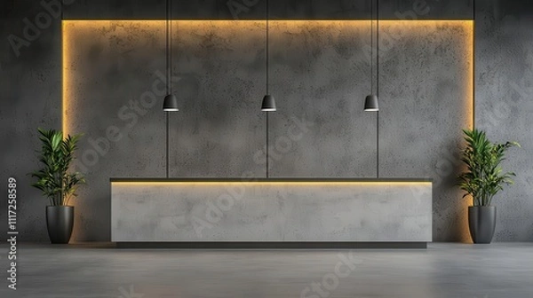 Fototapeta Minimalist hotel reception with sleek metal accents, polished surfaces, and subtle lighting, minimalist metal reception, modern, industrial