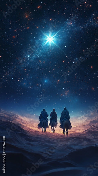 Fototapeta Christmas Jesus birth concept - Adoration of the Magi, Three Wise Men, Three Kings, and the Three biblical Magi with camel silhouettes journeying in sand dunes of desert follow Bethlehem star at night