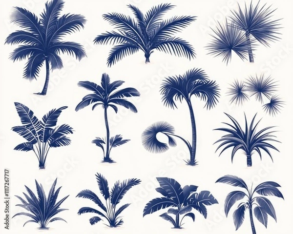 Obraz Collection of palm trees in blue. Ideal for tropical designs, summer-themed projects, and creating a vacation mood.