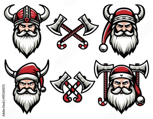 Fototapeta Santa Claus in viking helmet collection. Isolated on dark background. Medieval element for Christmas holiday. Vector Eps 10.