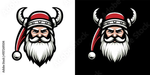 Fototapeta Santa Claus in viking helmet illustration. Isolated on dark background. Medieval element for Christmas holiday. Vector Eps 10.
