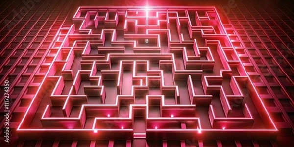 Fototapeta Beautiful maze background with neon light. Creative red geometric labyrinth with glowing edges in 3D