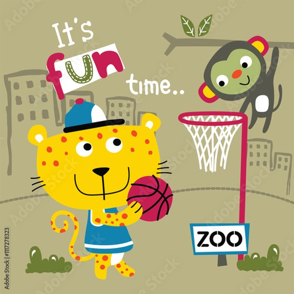 Fototapeta Cartoon Leopard Playing Basketball with Monkey in Fun Zoo Illustration
