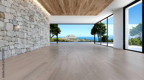 Fototapeta A modern, bright interior space with wooden ceilings, stone walls, and large windows showcasing a scenic outdoor view of mountains and trees.